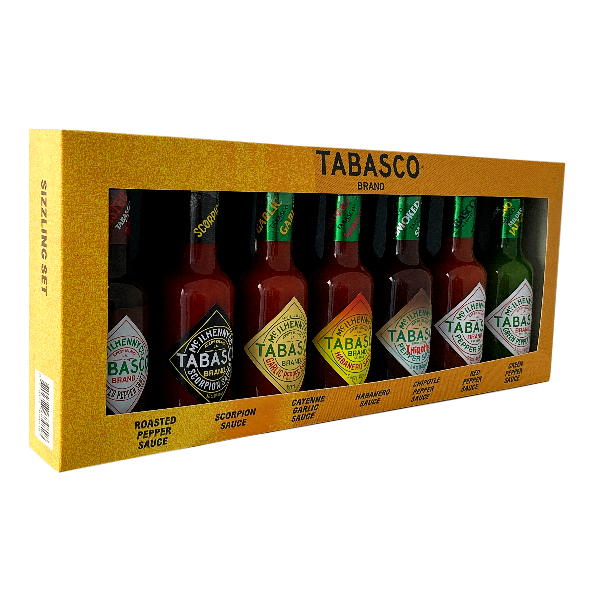 TABASCO COUNTRY STORE Coffret cadeau de la marque Tabasco « Sizzling Set »  - 7 bouteilles en verre de 148 ml - Du goût fumé de notre sauce Roasted  Pepper à la