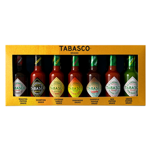 Coffret cadeau de la marque TABASCO® 'SIZZLING SET' 7 bouteilles en verre de 148 ml